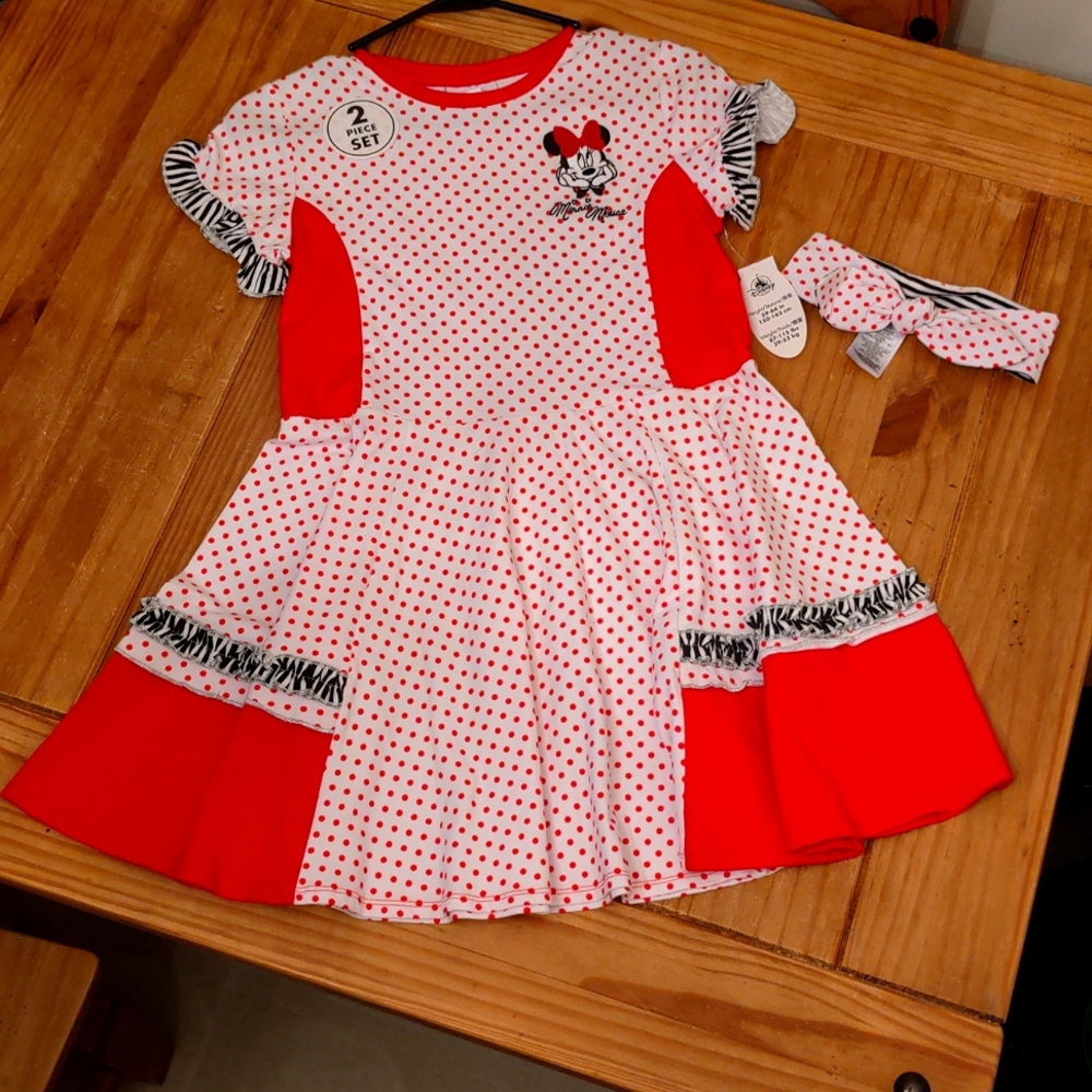 NWT Disney Parks Red Polka Dot Youth Minnie Dress/ Headband Set, Youth XL(14)